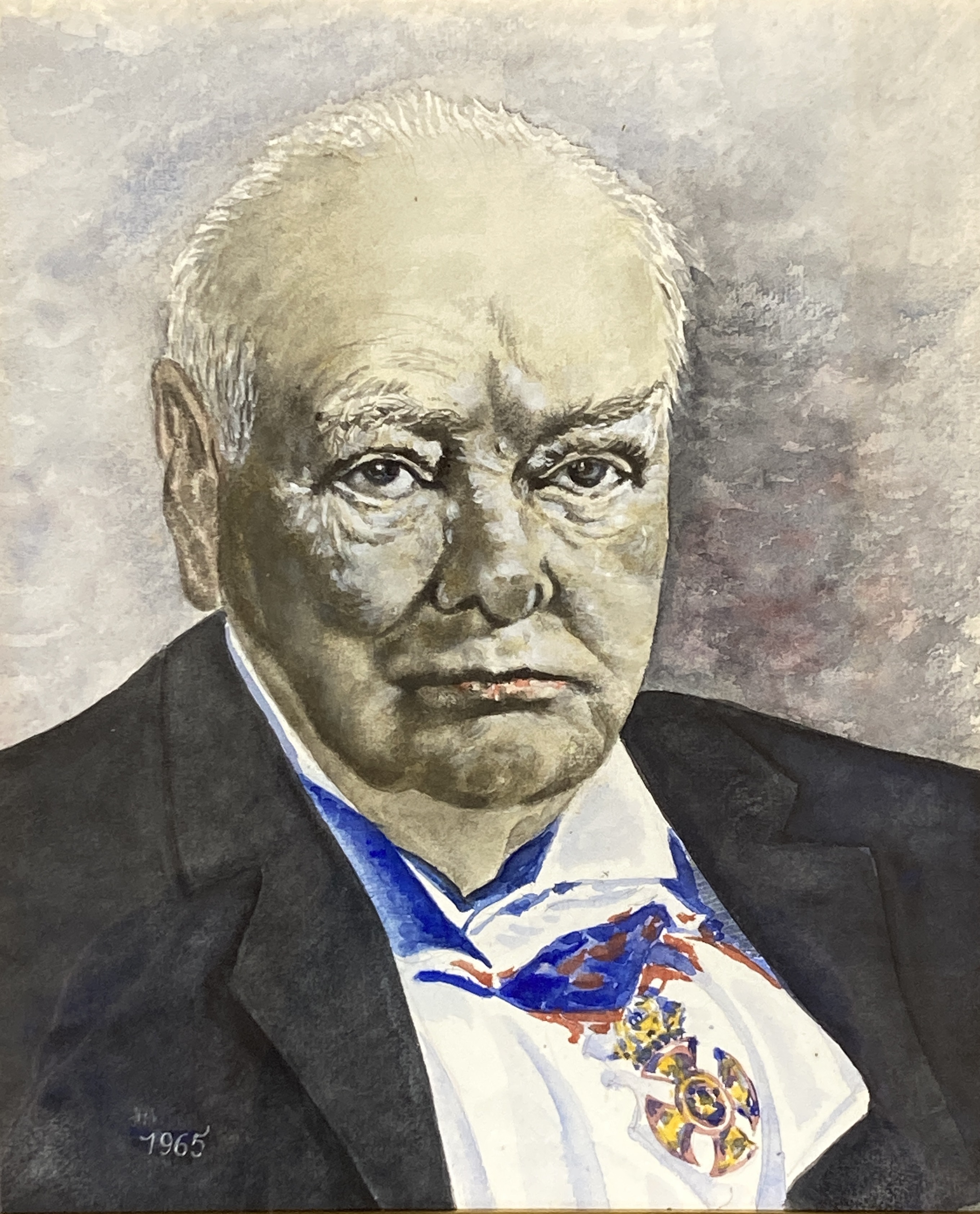 English School, watercolour, Portrait of Winston Churchill, dated 1965, 28 x 23cm